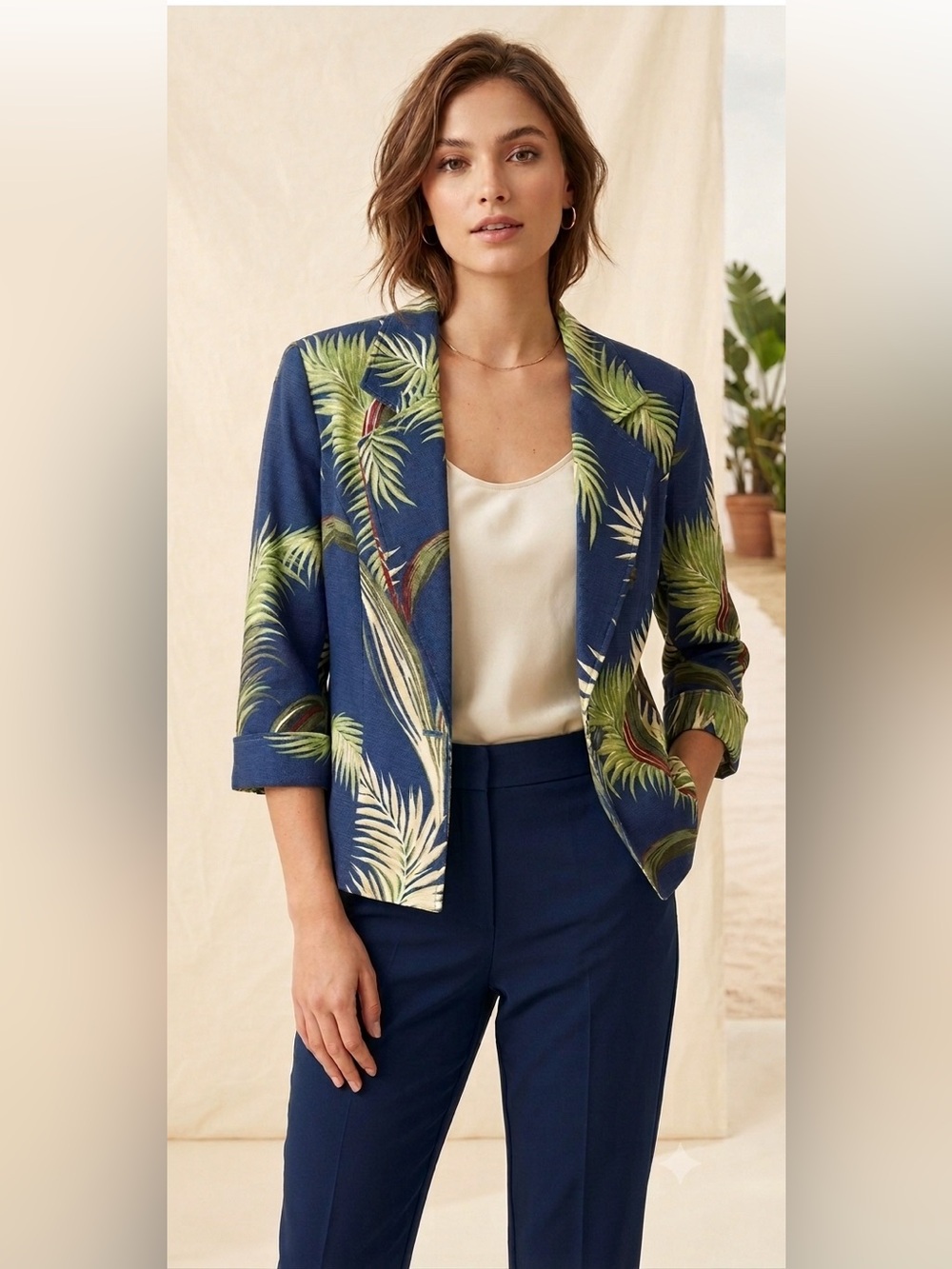 Painted Pony Tropical Print Blazer cuffed 3/4 sleeves sz S